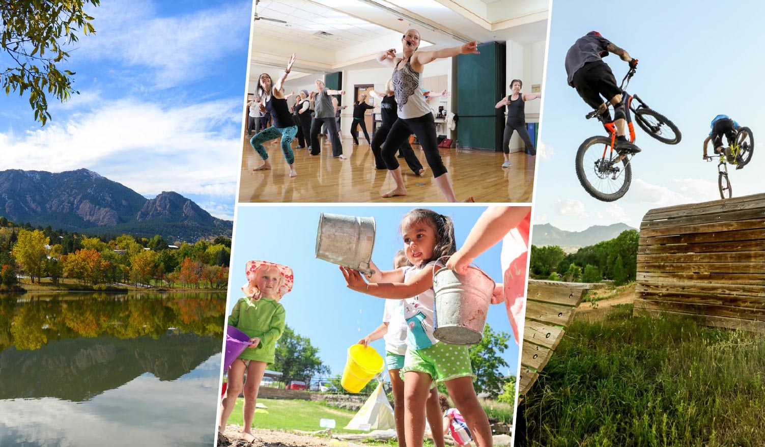 4 pictures showing the flatirons, children playing with buckets, a dance class, and bikers on wooden jumps.
