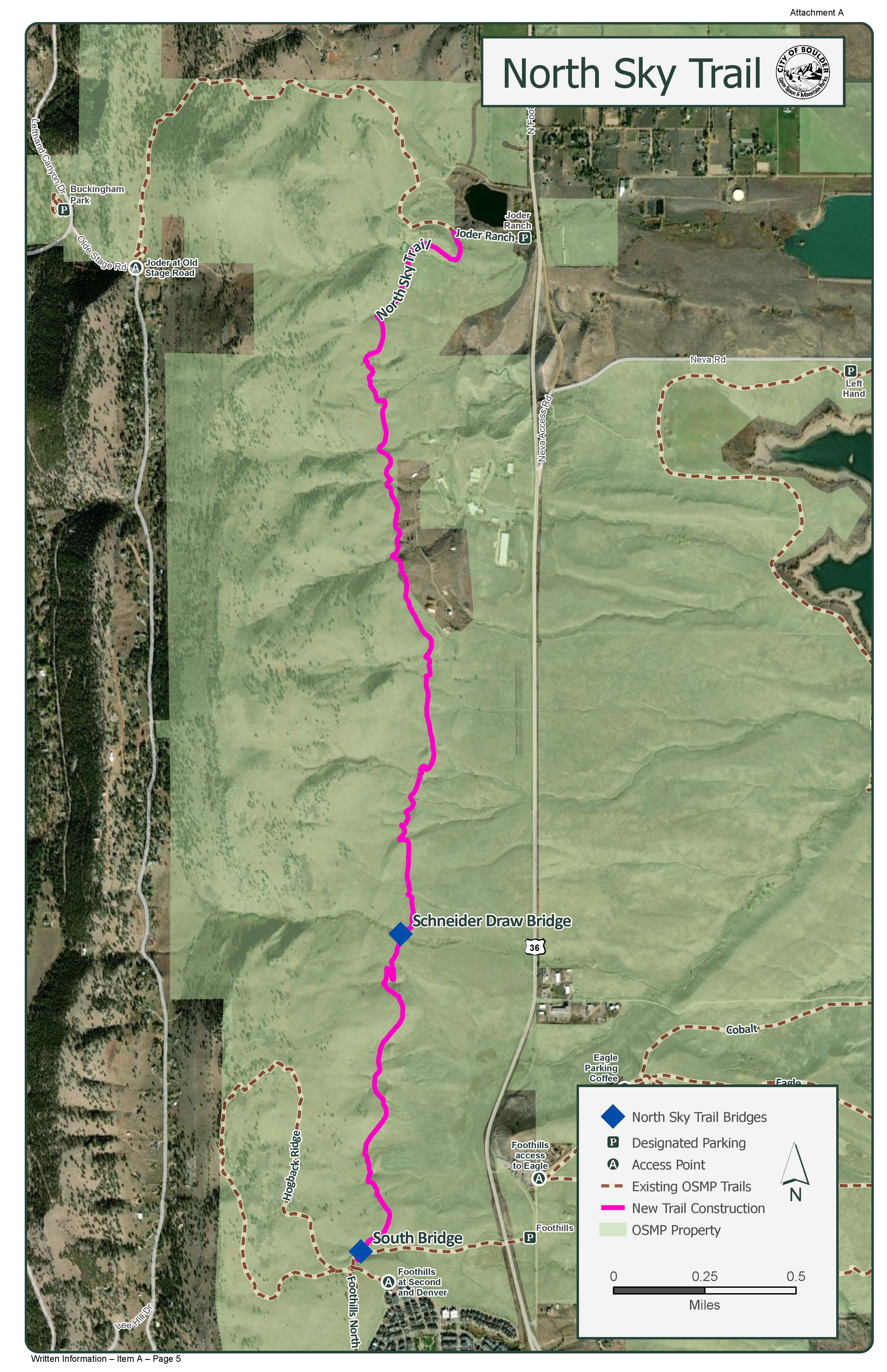 Map of North Sky Trail alignment from the Joder Ranch Trailhead in the north to the Foothills North Trail in the south