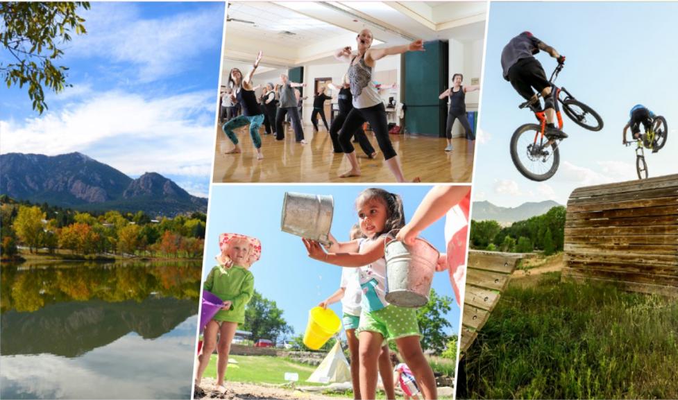 A compilation of images, including the Flatirons behind a lake, a dance class, children playing in sand, and bikers mid-jump at Valmont Bike Park.