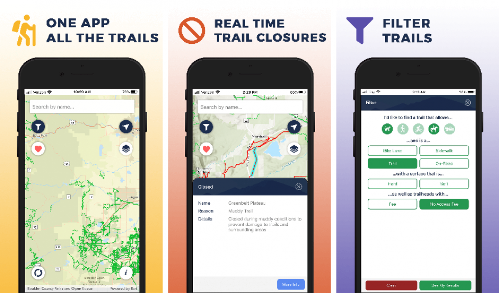 BAT App Screenshots showing real-time trail closures and trail filters