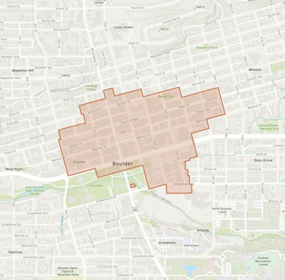 red boundaries indicating the Downtown Streets as Public Space Project Area, see long description below for details