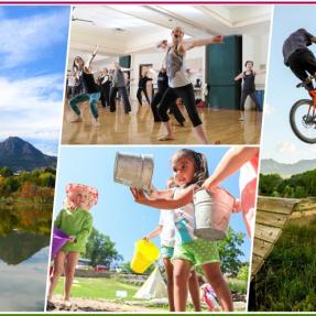 A compilation of images, including the Flatirons behind a lake, a dance class, children playing in sand, and bikers mid-jump at Valmont Bike Park.