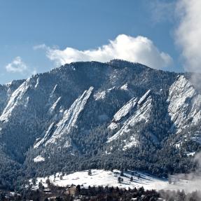 Boulder's flatirons covered in snow