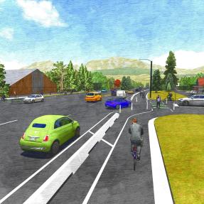 A 3d rendering of the road. person on bicycle approaches the intersection where there are new green conflict markings.